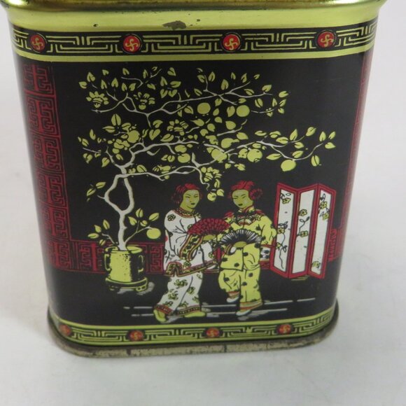 Asian Small 3" metal tin Red Black Gold Oriental design chinoiserie - Picture 5 of 14